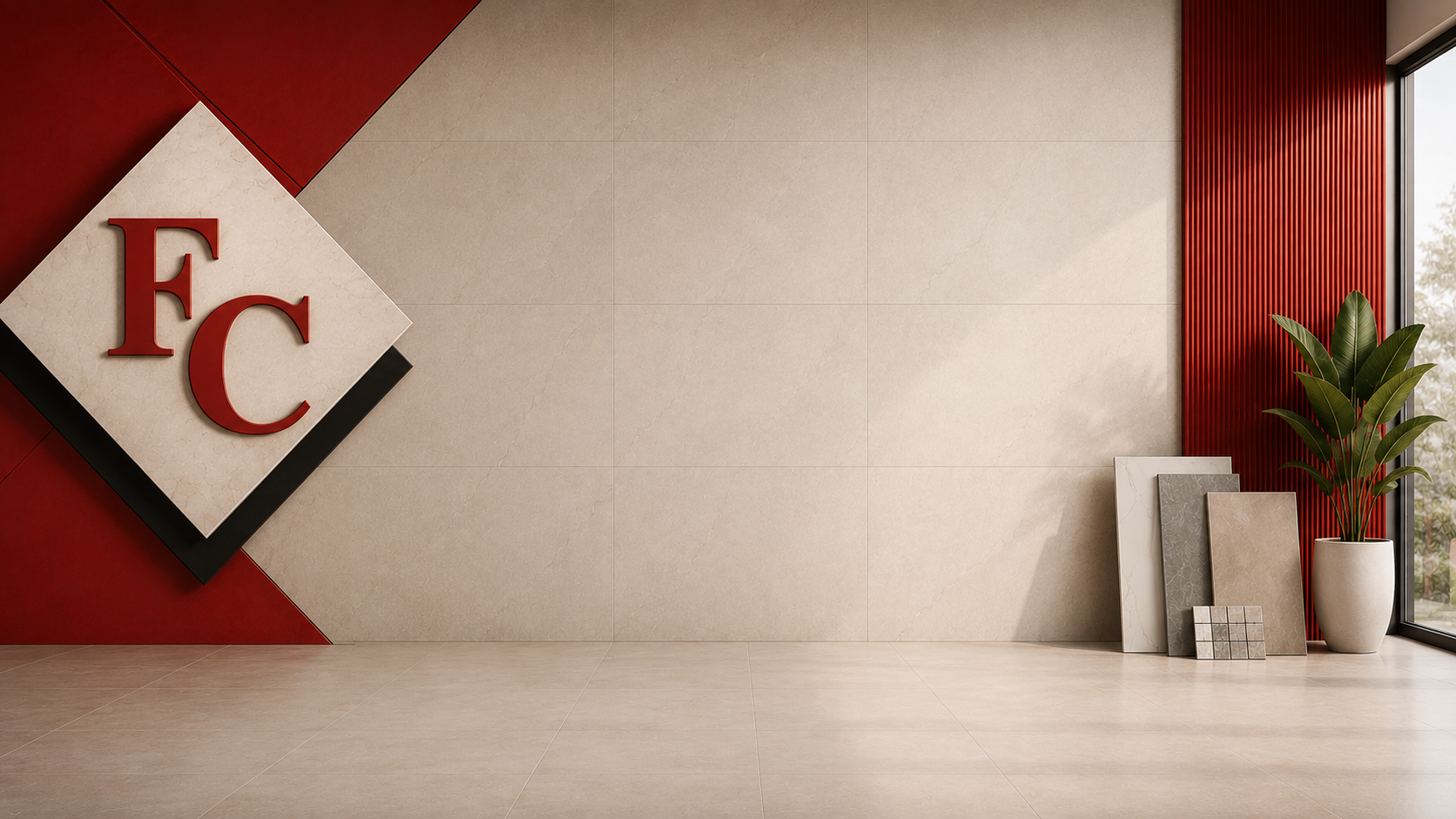 Modern interior with a geometric wall art piece featuring 'FC' initials.